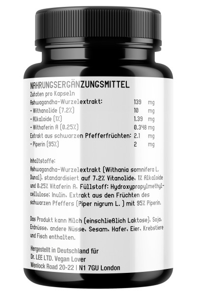 Bio Ashwagandha - 240 Kapseln - Hochdosiert - 240 Tage - Vegan Lover® Original