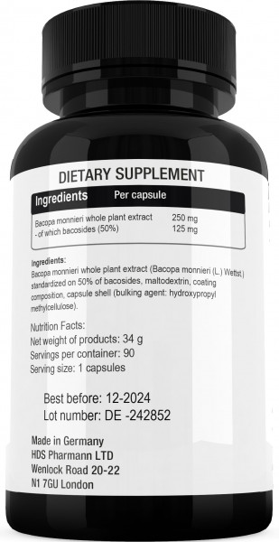 Bacopa Monnieri - 50% Bacoside - 90 Vegane Kapseln - 90 Tage